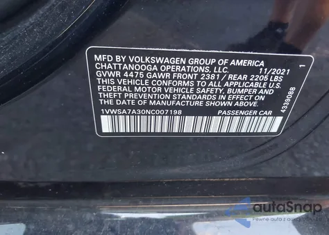 2022 Volkswagen Passat 2.0T Se from USA, damaged, VIN 1VWSA7A30NC007198